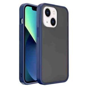 For iPhone 14 Plus Frosted Skin Feel PC Contrast Color Button Phone Case (Black+Dark Blue)