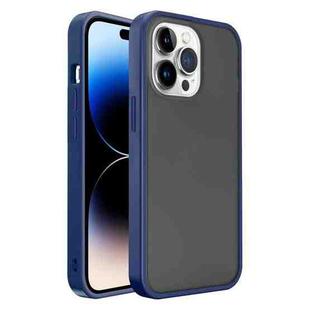 For iPhone 14 Pro Frosted Skin Feel PC Contrast Color Button Phone Case(Black+Dark Blue)