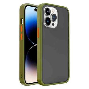 For iPhone 14 Pro Frosted Skin Feel PC Contrast Color Button Phone Case(Green+Orange)