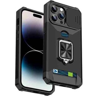 For iPhone 14 Pro Max Sliding Camshield Card Slot Ring Kickstand Phone Case (Black)