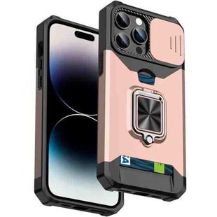For iPhone 14 Pro Max Sliding Camshield Card Slot Ring Kickstand Phone Case (Rose Gold)