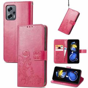 For Xiaomi Redmi Note 11T 5G Four-leaf Clasp Embossed Buckle Flip Leather Phone Case(Magenta)