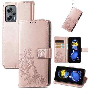 For Xiaomi Redmi Note 11T 5G Four-leaf Clasp Embossed Buckle Flip Leather Phone Case(Rose Gold)