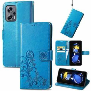 For Xiaomi Redmi Note 11T 5G Four-leaf Clasp Embossed Buckle Flip Leather Phone Case(Blue)