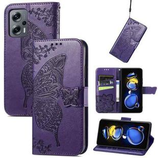 For Xiaomi Redmi Note 11T Butterfly Love Flower Embossed Horizontal Flip Leather Phone Case(Dark Purple)