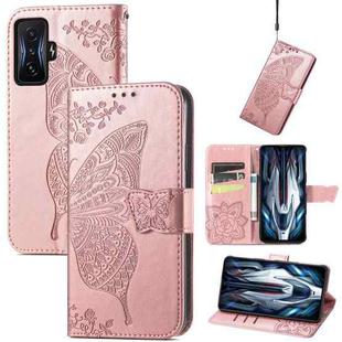 For Xiaomi Redmi K50 Gaming Butterfly Love Flower Embossed Horizontal Flip Leather Phone Case(Rose Gold)