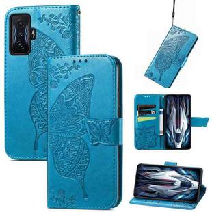 For Xiaomi Redmi K50 Gaming Butterfly Love Flower Embossed Horizontal Flip Leather Phone Case(Blue)