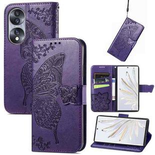 For Honor 70 Butterfly Love Flower Embossed Horizontal Flip Leather Phone Case(Dark Purple)