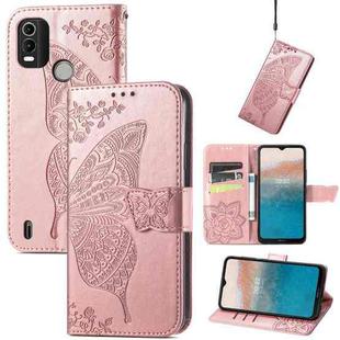For Nokia C21 Plus Butterfly Love Flower Embossed Horizontal Flip Leather Phone Case(Rose Gold)