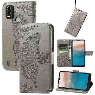 For Nokia C21 Plus Butterfly Love Flower Embossed Horizontal Flip Leather Phone Case(Gray)