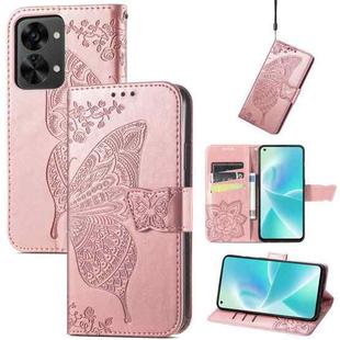 For OnePlus Nord 2T Butterfly Love Flower Embossed Horizontal Flip Leather Phone Case(Rose Gold)