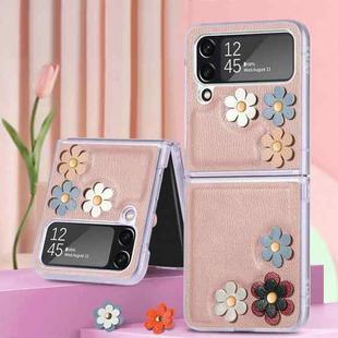 For Samsung Galaxy Z Flip4 3D Flower PC Leather Folding Leather Phone Case(Pink)