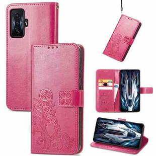 For Xiaomi Redmi K50 Gaming Four-leaf Clasp Embossed Buckle Leather Phone Case(Rose Red)