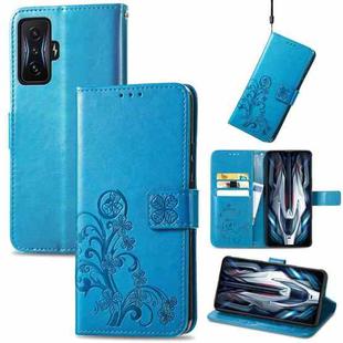 For Xiaomi Redmi K50 Gaming Four-leaf Clasp Embossed Buckle Leather Phone Case(Blue)