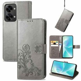 For OnePlus Nord 2T Four-leaf Clasp Embossed Buckle Leather Phone Case(Gray)