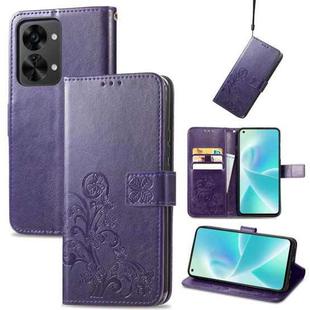 For OnePlus Nord 2T Four-leaf Clasp Embossed Buckle Leather Phone Case(Purple)