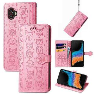 For Samsung Galaxy Xcover6 Pro Cute Cat and Dog Embossed Leather Phone Case(Pink)