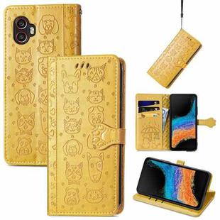 For Samsung Galaxy Xcover6 Pro Cute Cat and Dog Embossed Leather Phone Case(Yellow)