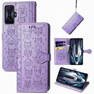 For Xiaomi Redmi K50 Gaming Cute Cat and Dog Embossed Leather Phone Case(Purple)