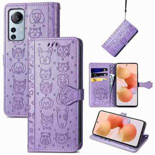 For Xiaomi 12 Lite Cute Cat and Dog Embossed Leather Phone Case(Purple)