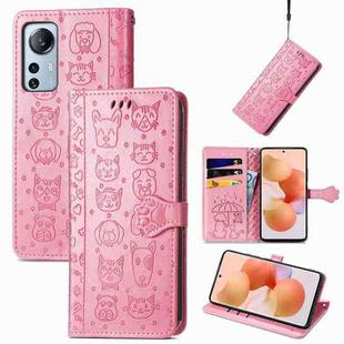 For Xiaomi 12 Lite Cute Cat and Dog Embossed Leather Phone Case(Pink)