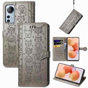 For Xiaomi 12 Lite Cute Cat and Dog Embossed Leather Phone Case(Gray)