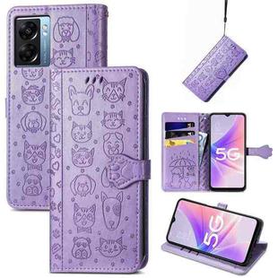 For OPPO A57 5G Cute Cat and Dog Embossed Horizontal Flip Leather Case(Purple)