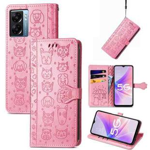 For OPPO A57 5G Cute Cat and Dog Embossed Horizontal Flip Leather Case(Pink)