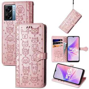 For OPPO A57 5G Cute Cat and Dog Embossed Horizontal Flip Leather Case(Rose Gold)
