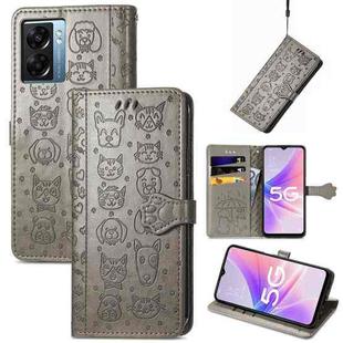 For OPPO A57 5G Cute Cat and Dog Embossed Horizontal Flip Leather Case(Gray)