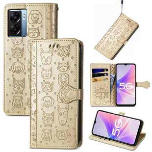 For OPPO A57 5G Cute Cat and Dog Embossed Horizontal Flip Leather Case(Gold)