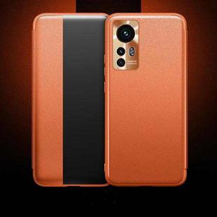 For Xiaomi 12S Side Display Plain Leather Phone Case (Orange)