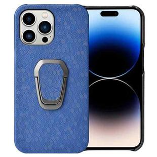 For iPhone 14 Pro Max Ring Holder Honeycomb PU Phone Case (Navy Blue)