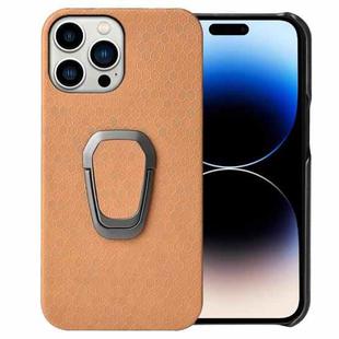 For iPhone 14 Pro Max Ring Holder Honeycomb PU Phone Case (Orange)