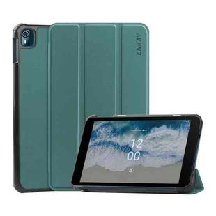 For Nokia T10 ENKAY Tri-fold Custer Texture Leather Smart Tablet Case(Dark Green)