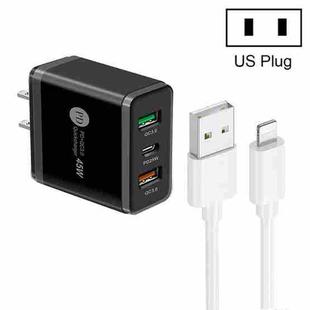 45W PD25W + 2 x QC3.0 USB Multi Port Charger with USB to 8 Pin Cable, US Plug(Black)