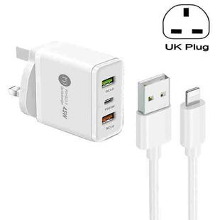 45W PD25W + 2 x QC3.0 USB Multi Port Charger with USB to 8 Pin Cable, UK Plug(White)