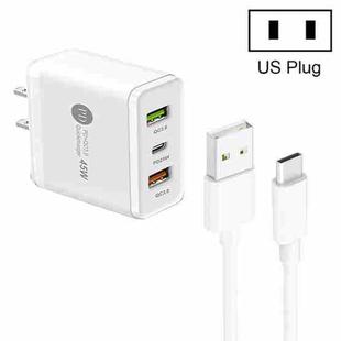 45W PD25W + 2 x QC3.0 USB Multi Port Charger with USB to Type-C Cable, US Plug(White)