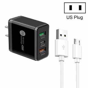 45W PD25W + 2 x QC3.0 USB Multi Port Charger with USB to Micro USB Cable, US Plug(Black)