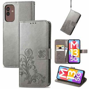 For Samsung Galaxy M13 5G Four-leaf Clasp Embossed Buckle Leather Phone Case(Gray)