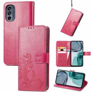 For Motorola Moto G62 Four-leaf Clasp Embossed Buckle Leather Phone Case(Rose Red)