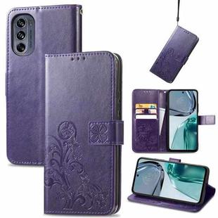 For Motorola Moto G62 Four-leaf Clasp Embossed Buckle Leather Phone Case(Purple)