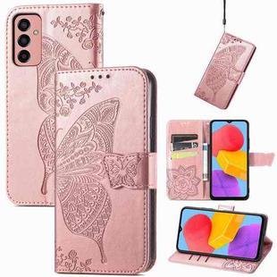 For Samsung Galaxy M13 4G Butterfly Love Flower Embossed Flip Leather Phone Case(Rose Gold)