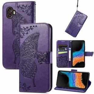 For Samsung Galaxy Xcover6 Pro Butterfly Love Flower Embossed Flip Leather Phone Case(Dark Purple)