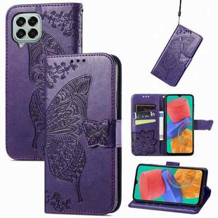 For Samsung Galaxy M33 4G Butterfly Love Flower Embossed Flip Leather Phone Case(Dark Purple)