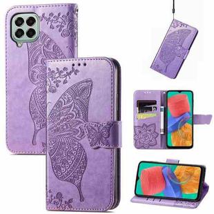 For Samsung Galaxy M33 4G Butterfly Love Flower Embossed Flip Leather Phone Case(Light Purple)