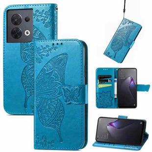 For OPPO Reno8 Butterfly Love Flower Embossed Flip Leather Phone Case(Blue)