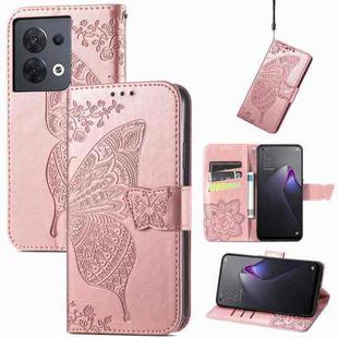 For OPPO Reno8 Butterfly Love Flower Embossed Flip Leather Phone Case(Rose Gold)