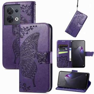For OPPO Reno8 Butterfly Love Flower Embossed Flip Leather Phone Case(Dark Purple)