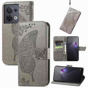 For OPPO Reno8 Butterfly Love Flower Embossed Flip Leather Phone Case(Gray)